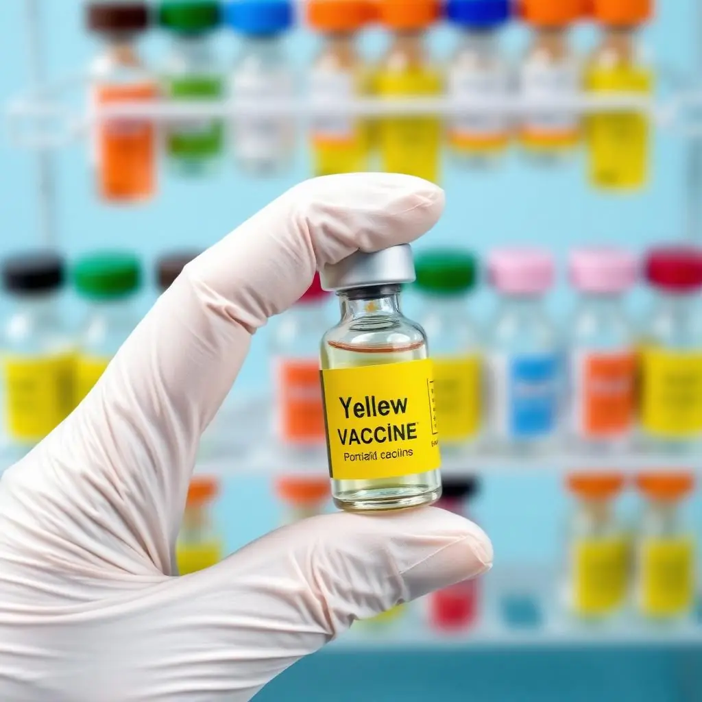 Yellow fever vaccine vial held in a clinician's gloved hand